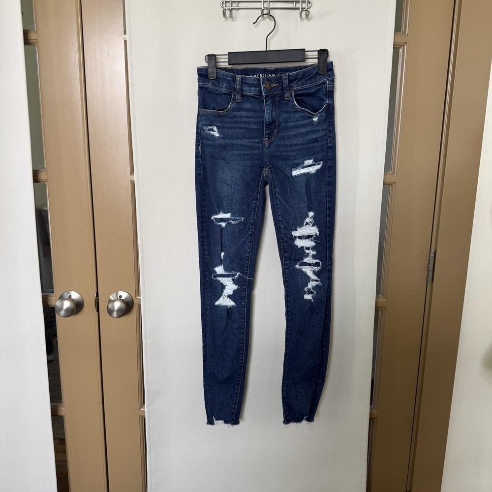 American Eagle Womens 2 Blue Distressed High Rise Jegging Skinny Jeans Denim